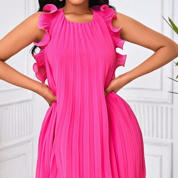 Pink Boho Womens Ruffle Trim Pleated Dress - Picture 2 of 5